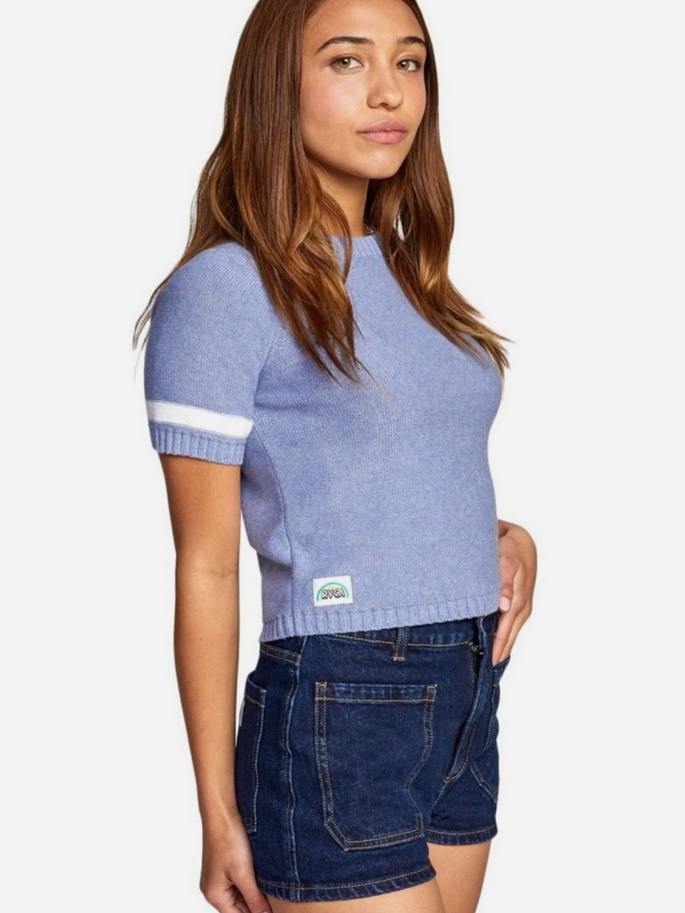 RVCA x Camille Rowe Short-Sleeve Knit Top with White Stripe